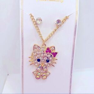 Necklace Kitty in Iridescent Crystals with Pink bow. Crystal Earrings Pierced.